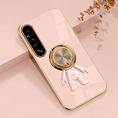 Ultra-thin Silicone Gel Soft Case Cover with Magnetic Finger Ring Stand AN1 for Sony Xperia 1 V Rose Gold