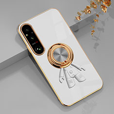 Ultra-thin Silicone Gel Soft Case Cover with Magnetic Finger Ring Stand AN1 for Sony Xperia 1 V White