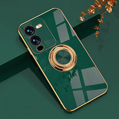 Ultra-thin Silicone Gel Soft Case Cover with Magnetic Finger Ring Stand AN1 for Vivo V25 Pro 5G Green