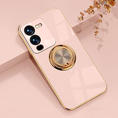 Ultra-thin Silicone Gel Soft Case Cover with Magnetic Finger Ring Stand AN1 for Vivo V25 Pro 5G Pink