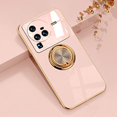 Ultra-thin Silicone Gel Soft Case Cover with Magnetic Finger Ring Stand AN1 for Vivo X80 Pro 5G Pink