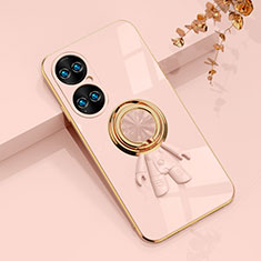 Ultra-thin Silicone Gel Soft Case Cover with Magnetic Finger Ring Stand AN2 for Huawei P50 Pro Rose Gold