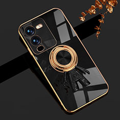 Ultra-thin Silicone Gel Soft Case Cover with Magnetic Finger Ring Stand AN2 for Vivo V25 Pro 5G Black