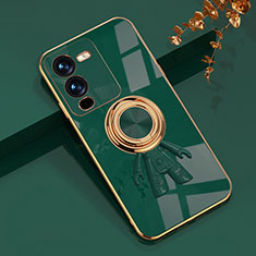 Ultra-thin Silicone Gel Soft Case Cover with Magnetic Finger Ring Stand AN2 for Vivo V25 Pro 5G Green