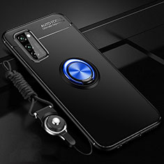 Ultra-thin Silicone Gel Soft Case Cover with Magnetic Finger Ring Stand for Huawei Honor V30 Pro 5G Blue and Black