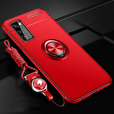Ultra-thin Silicone Gel Soft Case Cover with Magnetic Finger Ring Stand for Huawei Honor V30 Pro 5G Red