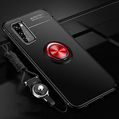 Ultra-thin Silicone Gel Soft Case Cover with Magnetic Finger Ring Stand for Huawei Honor V30 Pro 5G Red and Black
