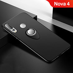 Ultra-thin Silicone Gel Soft Case Cover with Magnetic Finger Ring Stand for Huawei Nova 4 Black