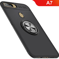 Ultra-thin Silicone Gel Soft Case Cover with Magnetic Finger Ring Stand for Oppo A7 Black