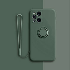 Ultra-thin Silicone Gel Soft Case Cover with Magnetic Finger Ring Stand for Oppo Find X3 5G Midnight Green