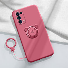 Ultra-thin Silicone Gel Soft Case Cover with Magnetic Finger Ring Stand for Oppo Find X3 Lite 5G Red Wine