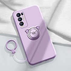 Ultra-thin Silicone Gel Soft Case Cover with Magnetic Finger Ring Stand for Oppo Reno5 Pro+ Plus 5G Clove Purple