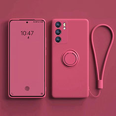 Ultra-thin Silicone Gel Soft Case Cover with Magnetic Finger Ring Stand for Oppo Reno6 5G Hot Pink