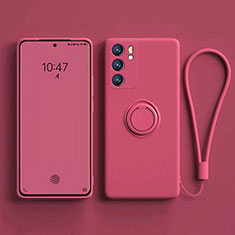 Ultra-thin Silicone Gel Soft Case Cover with Magnetic Finger Ring Stand for Oppo Reno6 Pro 5G India Hot Pink