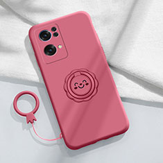 Ultra-thin Silicone Gel Soft Case Cover with Magnetic Finger Ring Stand for Oppo Reno7 Pro 5G Hot Pink