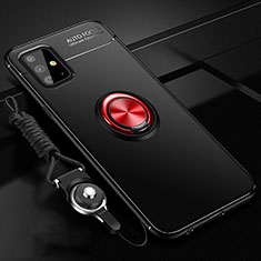 Ultra-thin Silicone Gel Soft Case Cover with Magnetic Finger Ring Stand for Samsung Galaxy A51 4G Red and Black