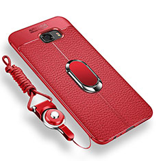 Ultra-thin Silicone Gel Soft Case Cover with Magnetic Finger Ring Stand for Samsung Galaxy C9 Pro C9000 Red
