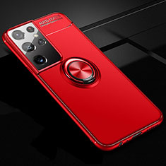 Ultra-thin Silicone Gel Soft Case Cover with Magnetic Finger Ring Stand for Samsung Galaxy S21 Ultra 5G Red