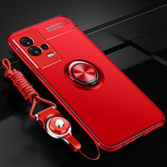 Ultra-thin Silicone Gel Soft Case Cover with Magnetic Finger Ring Stand for Vivo iQOO 8 5G Red