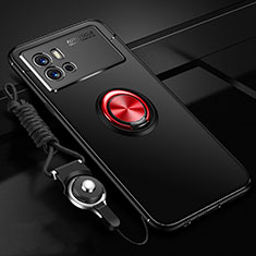 Ultra-thin Silicone Gel Soft Case Cover with Magnetic Finger Ring Stand for Vivo iQOO 9 Pro 5G Red and Black