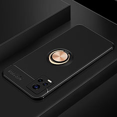 Ultra-thin Silicone Gel Soft Case Cover with Magnetic Finger Ring Stand for Vivo V20 Pro 5G Gold and Black