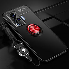 Ultra-thin Silicone Gel Soft Case Cover with Magnetic Finger Ring Stand for Vivo X50 Pro 5G Red and Black