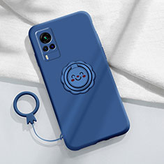 Ultra-thin Silicone Gel Soft Case Cover with Magnetic Finger Ring Stand for Vivo X60 5G Blue