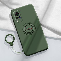 Ultra-thin Silicone Gel Soft Case Cover with Magnetic Finger Ring Stand for Vivo X60T 5G Midnight Green