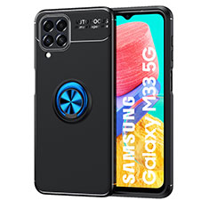 Ultra-thin Silicone Gel Soft Case Cover with Magnetic Finger Ring Stand JM1 for Samsung Galaxy M33 5G Blue and Black