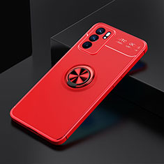 Ultra-thin Silicone Gel Soft Case Cover with Magnetic Finger Ring Stand JM2 for Oppo Reno6 5G Red