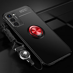 Ultra-thin Silicone Gel Soft Case Cover with Magnetic Finger Ring Stand JM3 for Oppo A53s 5G Red and Black