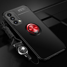 Ultra-thin Silicone Gel Soft Case Cover with Magnetic Finger Ring Stand JM3 for Oppo A74 5G Red and Black