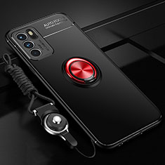 Ultra-thin Silicone Gel Soft Case Cover with Magnetic Finger Ring Stand JM3 for Oppo Reno6 Pro 5G India Red and Black