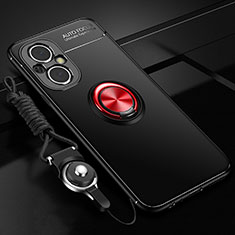 Ultra-thin Silicone Gel Soft Case Cover with Magnetic Finger Ring Stand JM3 for Oppo Reno7 Lite 5G Red and Black