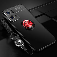 Ultra-thin Silicone Gel Soft Case Cover with Magnetic Finger Ring Stand JM3 for Oppo Reno7 Pro 5G Red and Black