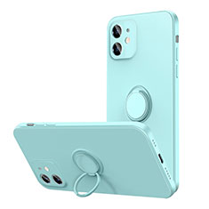 Ultra-thin Silicone Gel Soft Case Cover with Magnetic Finger Ring Stand N01 for Apple iPhone 12 Cyan