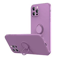 Ultra-thin Silicone Gel Soft Case Cover with Magnetic Finger Ring Stand N01 for Apple iPhone 12 Pro Purple