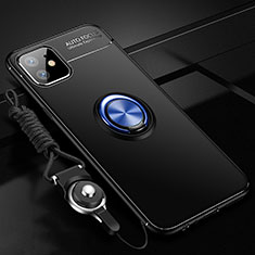 Ultra-thin Silicone Gel Soft Case Cover with Magnetic Finger Ring Stand N03 for Apple iPhone 12 Blue and Black