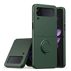 Ultra-thin Silicone Gel Soft Case Cover with Magnetic Finger Ring Stand QW1 for Samsung Galaxy Z Flip3 5G Midnight Green