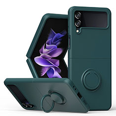 Ultra-thin Silicone Gel Soft Case Cover with Magnetic Finger Ring Stand QW1 for Samsung Galaxy Z Flip4 5G Midnight Green