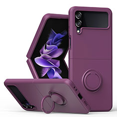 Ultra-thin Silicone Gel Soft Case Cover with Magnetic Finger Ring Stand QW1 for Samsung Galaxy Z Flip4 5G Purple