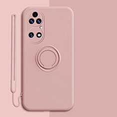 Ultra-thin Silicone Gel Soft Case Cover with Magnetic Finger Ring Stand S01 for Huawei P50 Pro Pink