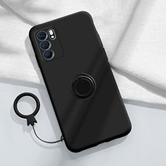 Ultra-thin Silicone Gel Soft Case Cover with Magnetic Finger Ring Stand S01 for Oppo Reno6 5G Black