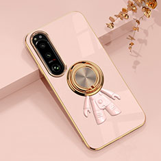 Ultra-thin Silicone Gel Soft Case Cover with Magnetic Finger Ring Stand S01 for Sony Xperia 1 IV Pink