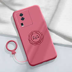 Ultra-thin Silicone Gel Soft Case Cover with Magnetic Finger Ring Stand S01 for Vivo iQOO Neo7 5G Hot Pink