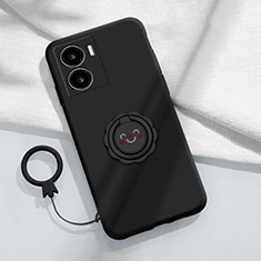 Ultra-thin Silicone Gel Soft Case Cover with Magnetic Finger Ring Stand S01 for Vivo iQOO Z7x 5G Black