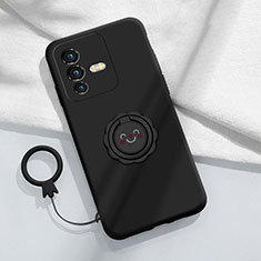 Ultra-thin Silicone Gel Soft Case Cover with Magnetic Finger Ring Stand S01 for Vivo V25 Pro 5G Black