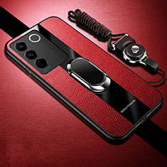 Ultra-thin Silicone Gel Soft Case Cover with Magnetic Finger Ring Stand S01 for Vivo V27 5G Red