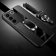 Ultra-thin Silicone Gel Soft Case Cover with Magnetic Finger Ring Stand S01 for Vivo V27 Pro 5G Black