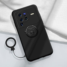 Ultra-thin Silicone Gel Soft Case Cover with Magnetic Finger Ring Stand S01 for Vivo X80 Pro 5G Black